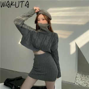 WAKUTA Fall Winter Elegant Outfit Highneck Cropped Pullover Sweater and Elastic Waist Mini Skirt Slim Warm Knitting 2 Piece Set