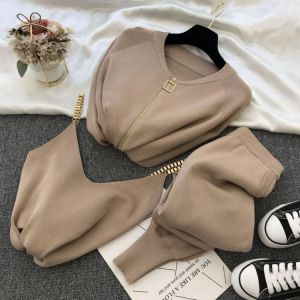 Women Sets2020 Autumn Winter Knitted  Vest Zipper Cardigans Pants 3pcs Sets Tracksuits Outfits