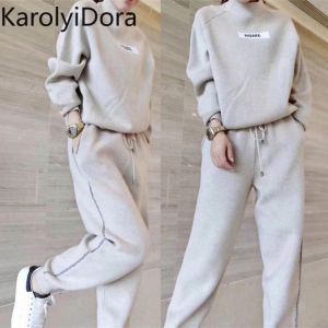 Women's sets 2019 autumn winter Woolen and Cashmere Knitted warm Suit O collar Sweater + Harem pants loose style two-piece se