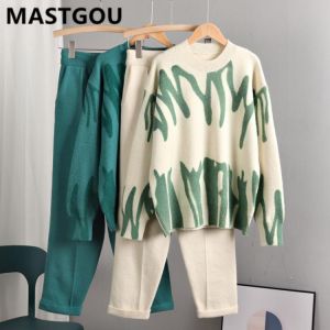 MASTGOU Cashmere Women Sweater Tracksuits Tie Dye Knit Two Pieces Pencil Pants Sets Oversized Loose Sweaters Suits Clothing