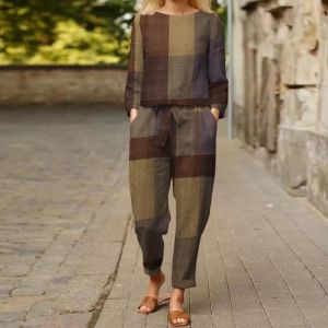 Women Casual Printed Sets ZANZEA 2021 kaftan Long Sleeve Blouses and  Elastic Waist Trousers Female Checked Matching Sets 2PCS