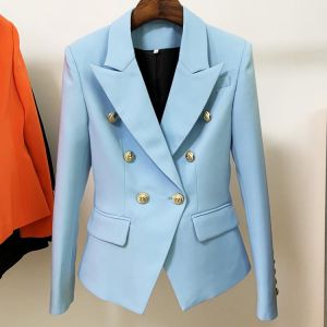HIGH STREET Newest 2021 Designer Jacket Fashion Women's Classic Slim Fitting Double Breasted Lion Buttons Blazer Baby Blue