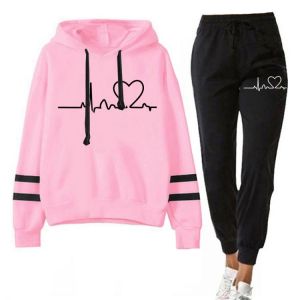 Women Tracksuits Autumn Spring Clothing Female Suits 2 Pieces Set Hooded Sweatshirts and Black Pants Casual Outfits Love Print