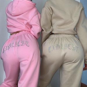 Diamond Rhinestones Letter Women's Set 2 Piece Tracksuit Velvet Crop Jacket Tracksuit Joggers Female 2021 Spring Casual Sport