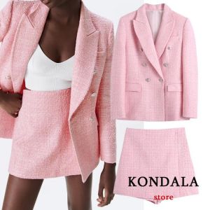 KONDALA Za Chic Pink Blazer Office Lady Fashion 2021 Plaid Oversized Long Jackets Women Long Sleeve Double Button Pockets Tops