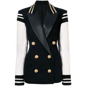 HIGH STREET New Fashion 2021 Stylish Blazer Varsity Jacket Women's Leather Sleeve Patchwork Lion Buttons Blazer