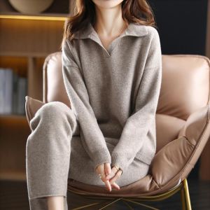 winter 2021 new cashmere suit women loose lapel sweater temperament casual wide-leg pants knitted 100% pure wool two-piece suit
