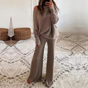Women Elegant Solid O Neck 2-Piece Set Spring Full Sleeve Pullover Top Wide Leg Pants Suit Two Piece Set Women Party Fine  Lines