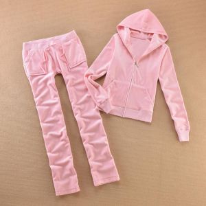 Women Sports 2 Pieces Set Sweatshirts Zipper Hooded Top Pants Suit 2021 Velet Sweatpants Trousers Outfits Solid Casual Tracksuit