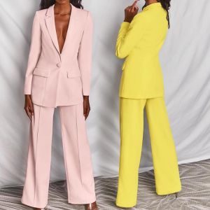 JXMYY Classic One-Breasted Buttons Nine Blazer Pants Set Two Piece Formal Suits Office Ladies Women's Pantsuit Red Pink Busin