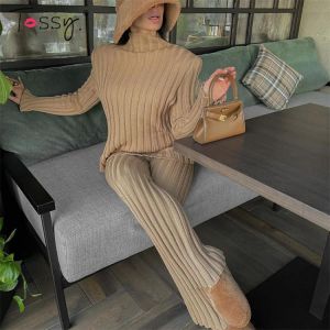 Tossy 2021 New Ribbed Outfits Knitted Long Sleeve Sweater Top And Pants 2 Piece Sets Casual Loose Tracksuit Fashion Chic Suit