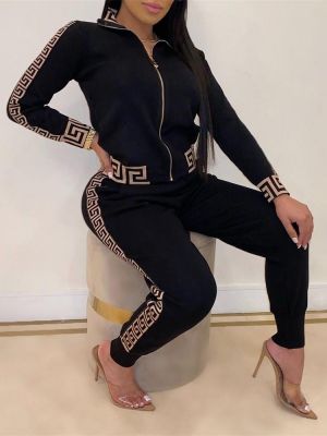 2021 Tracksuits Women Elegant Two-Pieces Suit Sets Female Stylish Plus Size Greek Fret Print Coat & Pant Zip Mujer Joggers Fem