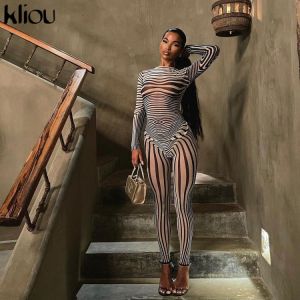 Kliou Mesh Striped Two Piece Set Women Sheath Body-Shaping High Street Sexy Hipster Long Sleeve O-Neck Female Streetwear Outfits