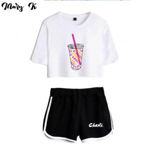 Charli DAmelio  Ice Coffee Splatter Women Two Piece Set Shorts+lovely T-shirt Harajuku Streetwear Hot Girl Sets
