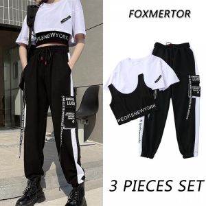 3 Pieces Set Summer Women Cargo Pants Suit Set Streetwear Outfit Harajuku Short Sleeve 2021 Trousers & Crop Tops Tee Shirt #TZ