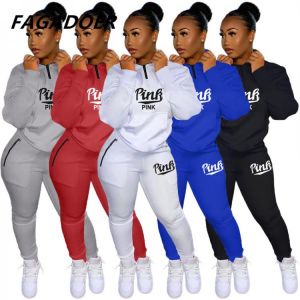 Fall Winter Tracksuits Two Piece Set Pink Letter Print Solid Casual Outfits Zip Sweatshirt + Pockets Pants Set Women Sweat Suit