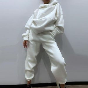 Casual Women Solid Fleece Two Piece Set Oversized Hoodie And High Waist Trouser Tracksuits 2021 Autumn Winter Female Sports Suit