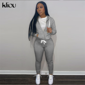 Kliou Harajuku Casual Two Piece Set Women Early Autumn Simple Solid Zipper Hooded Top+Sheath Sporty Active Female Wear Outfits