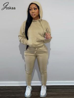 Joskaa Women Clothing Hoodie Suit Solid Two Piece Set Velvet Sport Suit Casual Casual Pockets Cotton Blends Pullover Jogger Sets