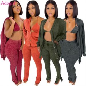 Adogirl Women Solid Sweater 3 Piece Set Lace Up Bra Top Full Sleeve Single Breasted Long Cardigan Split Flare Pants Knitted Suit