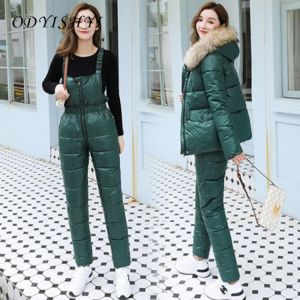 2021 Thick Winter Women Clothing Suspenders Jumpsuit Cotton Coat Suit Fashion Warm Hooded Fur Collar Padded Jacket Two-piece Set