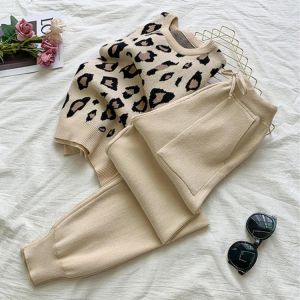 SMTHMA Women's Long Sleeve Knit Leopard Pullover Sweaters+Elastic Waist Pants Sets Fashion Trousers Two Pieces Costumes Outfi
