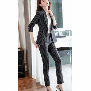 2021 Autumn Blue Women's Pants Suit 2 Pieces Set Formal Elegant Ladies Striped Blazer Famale Jacket Business Work Trousers Su