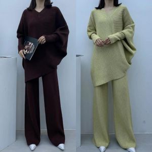 Trend Pants Set Womens Batwing Sleeve Loose Sweater And High Waist Wide Leg Pants Autumn Winter Two Piece Sets Office Lady