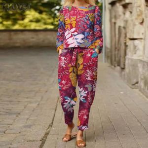 Bohemian Print Matching Sets Women Casual Long Sleeve Top Elastic Waist Trouser ZANZEA Retro 2PCS Autumn Floral Cotton Pant Sets