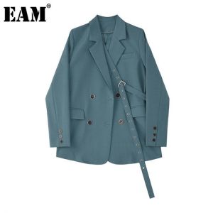 [EAM]  Women Blue Button Ribbon Big Size Blazer New Lapel Long Sleeve Loose Fit  Jacket Fashion Tide Spring Autumn 2021 1Z705