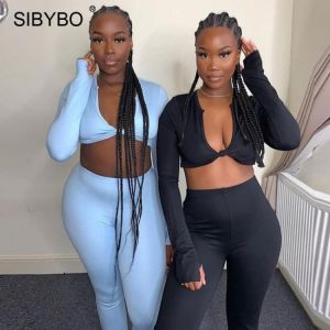 SIBYBO 2 Piece Outfits For Women Fall Clothing 2021 Crop Tops Drawstring Leggings Pants Sets Casual Sporty Sweatpants Tracksuits