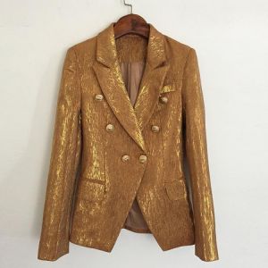 HIGH QUALITY New Fashion 2021 Designer Jacket Women's Lion Metal Buttons Double Breasted Slim Fitting Shimmer Gold Blazer