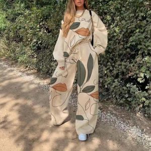 2021 Women's tracksuit trouser suits Casual Round Neck Loose Print Basic Female clothing Stylish Sports set woman 2 pieces cl