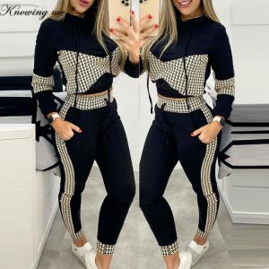 Women Autumn Plaid Patchwork Tracksuit sets Elegant pullovers +Drawstring long Pants Set Female casual sport Two Piece Sets