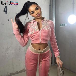 Weird Puss Women Tracksuit Embroidery Letter Velvet 2piece Set Fitness Zip Sweatshirt+Sporty Sweatpants Matching Activity Outfit