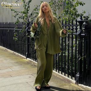 Clacive Elegant Green Pants Set Women Autumn Long Sleeve Blouses Matching Wide Trousers Suit Loose Shirts Two Piece Pant Set