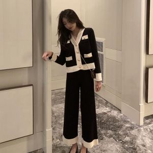 Fashion women's suit 2021 spring new knit suit fashion professional knitted wide-leg pants two-piece suit