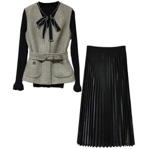 Women 2021 Spring Autumn New Knit 3 Pieces Sets Female Long Sleeve Sweater+Vest And Elastic Waist Pleated Skirt Suit Outfits
