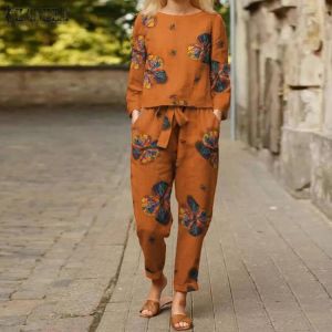 Women Casual Printed Sets ZANZEA 2021 kaftan Long Sleeve Blouses and Harem Pants Female Floral Tops Elastic Waist Trousers 2PCS