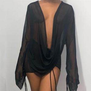 2021 Spring Sexy Low-Cut Flare Sleeve Backless Top And Mini Short Dress 2 Piece Suit Mesh See-Through Lace-Up Ruched Club Wear
