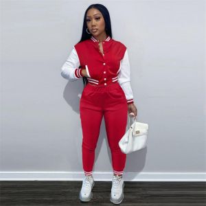 WJFZQM Fall Streetwear 2 Two Piece Set Tracksuit Women Outfits Long Sleeve button Top Skinny Pants Suits Red Matching Sets 2021