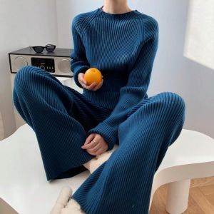 Two Piece Set Pullover Sweater Knit Tracksuit Women High Waist Knit Wide Leg  Straight Pants Suit Harajuku Spring Autumn Clothes