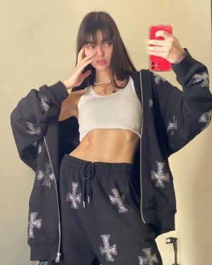 High Street Retro American Rhinestone Hot Rhinestone Cross Jacket Black and White Cardigan Hooded Sweater Women's Pants Set y