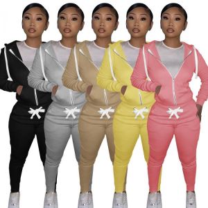 Fall Winter Clothes Cutton Tracksuit Women Casual Solid Drawstring Sweatshirts Hooded Top Sweat Pant Two Piece Set Jogging Femme