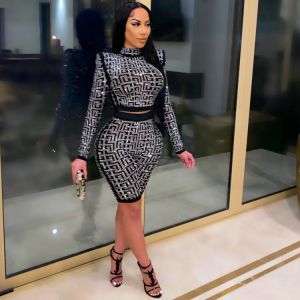 RMSFE 2021 Women's High Collar Long Sleeve Fashion Class Slim Top With Casual Capris Party Two Piece Set