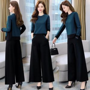 Fashion New Women's Suits Spring Autumn Casual Tops & Wide leg pants Elastic Waist Long pants Two Piece Sets Female Plus 