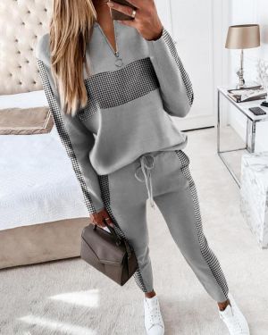 2021 Women Fashion2 Piece Set Elegant Casual Zipper Design Long Sleeve Top & Drawstring Waist Pants Set Sport Tracksuit Autumn