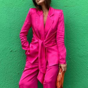 Elegant Coats With Pockets 2021 VONDA Women Autumn Long Sleeve Pleated Suit Blazer Loose Beach Outerwear Oversized Tie Up Coats