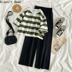 Women Sets Chic Striped Summer Leisure Femme Outfits Korean Trendy Soft Crop Top Basic Black High Waist Wide-leg Womens Trousers