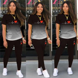 Women Two Piece Suit Casual Sportswear Cotton Gradient Pullover Short Sleeve O-neck Sports Fitness Trousers Suit 2021 Summer